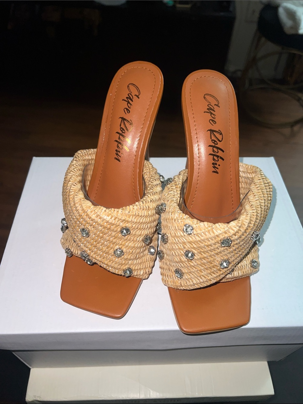 Cape Robbin Tan Woven Rhinestone Slip-On Heels - Picture 2 of 6